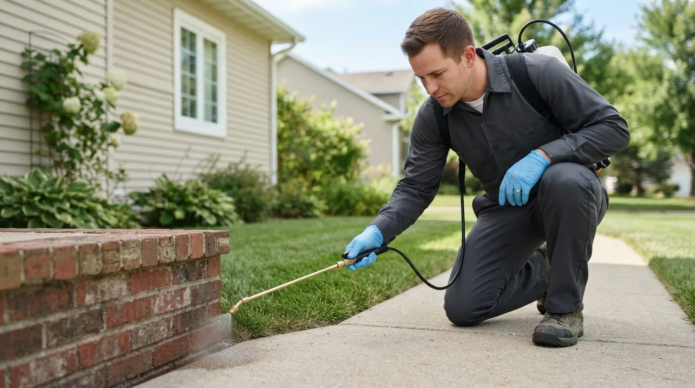 Pest control technician treating a home near Tower City, ND