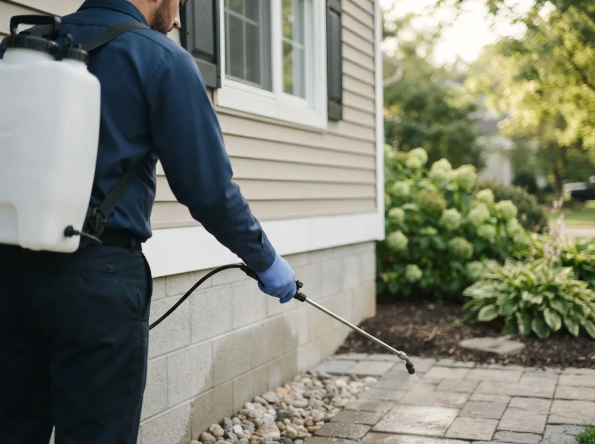 Pest control technician inspecting a home in Tower City, ND